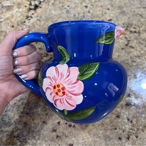 Vintage Hand Painted Blue and Pink Floral Pitcher